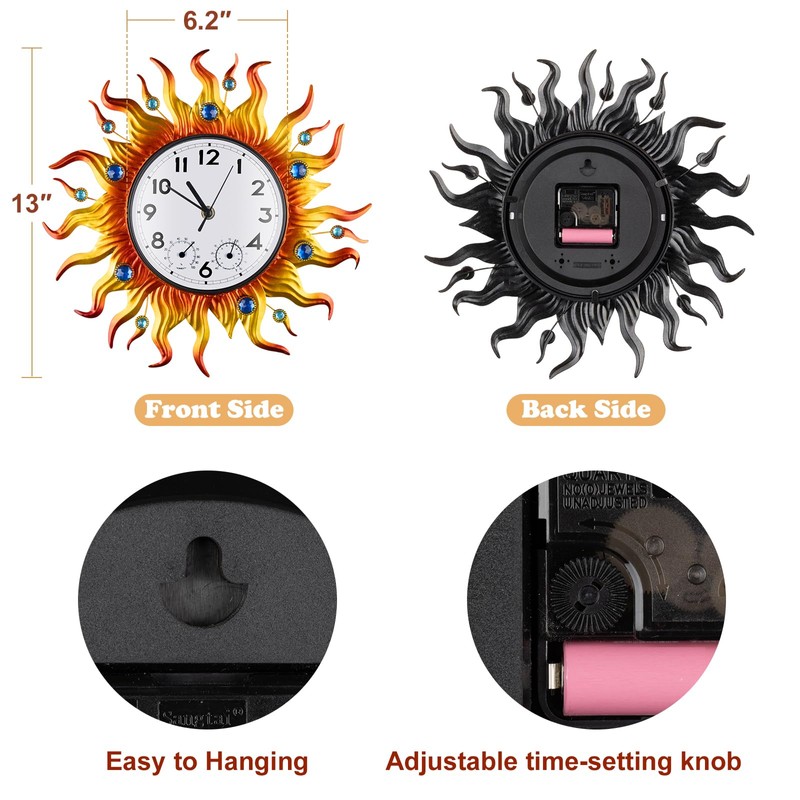 Outdoor Clock Thermometer Combo, Sun Outdoor Wall Clock, Silent Non-Ticking
