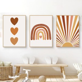 Herfair Set of 3 Posters for Children's Room, Boho Decorative Pictures, Baby Room, Wall Pictures, Bedroom, Sun, Rainbow, Baby Room, Wall Decoration, Girls, Boys, without Frame (B, 30 x 40 cm)
