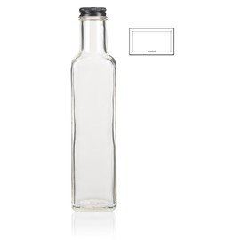 8 oz / 250 ml Clear Glass Square Oil and Vinegar Bottle with Black Metal Lined Cap (1 pack) + Label for Oils, Vinegar, Dressings, Pickling, Preserving and Canning