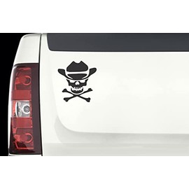 Pirate Skull with Cowboy Hat - BLACK - 3 3/4" x 4" die cut vinyl decal / bumper sticker for windows, cars, JDM, trucks, bumpers, tool boxes, boats, laptops - virtually any hard, smooth surface. MADE IN THE USA
