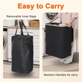 GARPROVM Double Laundry Hamper with Lid 150L Large Laundry Basket with Bamboo Handles Foldable Clothes Hampers with 2 Removable Liner Bags for Laundry for Bedroom Bathroom Dorm Laundry Room, Black