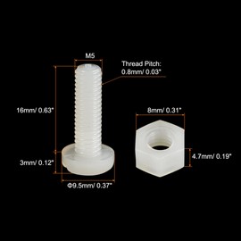 sourcing map 20 Pairs Nylon Screw Nut Assortment, M5x16mm Slotted Pan Head Screws & M5 Hex Nuts for Machinery, Electronics, White