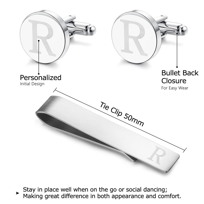 LOYALLOOK Classic Engraved Initial Cufflinks and Tie Clip Bar Set