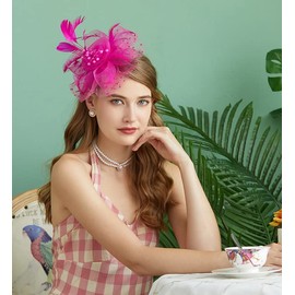 Cizoe Fascinators Hat for Women Tea Party Headband Kentucky Derby Wedding Flower Cocktail Mesh Feathers Hair Clip(1-Fushia)