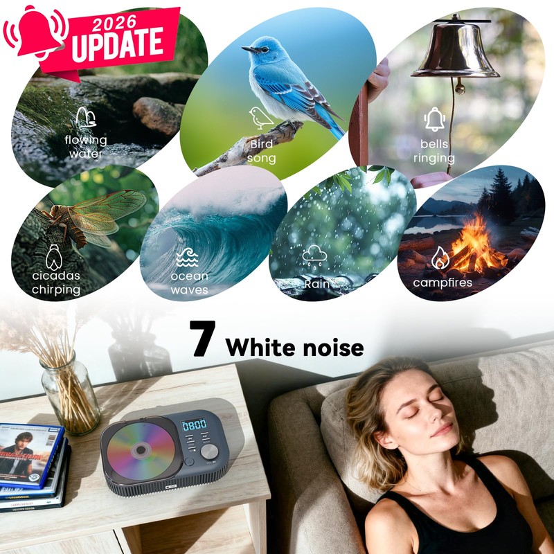 CD Player Portable, White Noise Portable CD Player with Bluetooth