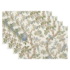 Chinoiserie Spring Placemats Set of 4, 12x18 Inch Blue Green Floral Bird Table Mats Summer Vintage Flowers Holiday Decorative Table Placemats for Party Home Kitchen Dining Table Decoration