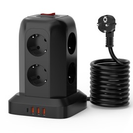 12-in-1 Socket Tower, 8-Way Multiple Socket with 4 USB, Power Strip with Switch, 1.8 m Cable, Surge Protection, Space Saving Socket Cube for Home Office Living Room Kitchen Office