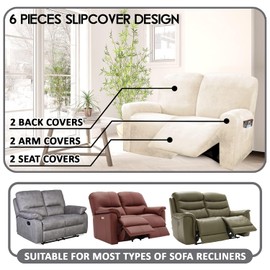 ULTICOR Reclining Love Seat Slipcover, 48" - 65" L, 6-Piece Velvet Stretch Loveseat Reclining Sofa Covers, 2 seat Love seat Recliner Cover, Thick, Soft, Washable (Ivory)