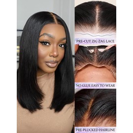 NOSTLAGIA Glueless Wigs Pre Plucked Pre Cut for Beginners Synthetic Lace Front Wigs for Women,Black Wig for Women 14 Inch Short Bob Lace Hairline Middle Part for Daily Party 3 Seconds to Wear