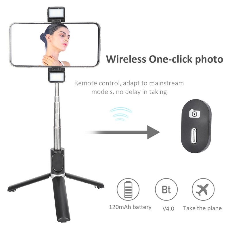Tripod Selfie Stick with Light Mobile Phone Wireless Bluetooth Foldable