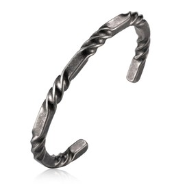 FLHEART Stainless Steel Mens Cuff Bracelet, Minimal Twist Cool Antique Retro/Silver/Black Open Metal Cuff Bangle Bracelets for Men, 65mm