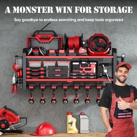 Tool Organizer Wall Mount, Large 8 Power Tool Organizer with 2 Side Pegboards, Heavy Duty Metal Tool Shelf with 12 Hooks, 3 Layer Cordless Tool Organizer, Power Tool Storage for Garage Organization