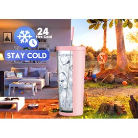 Meoky 24 oz Insulated Tumbler with Lid and Straw, Stainless Steel Vacuum Insulated Tumbler, Keeps Cold for 24 Hours, 100% Leak Proof, Fits in Car Cup Holder (Blush)