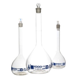 Volumetric Flask Set, 3 Pieces - Class B, ASTM - 250ml, 500ml & 1000ml - Glass Stopper - Blue Graduation - Eisco Labs
