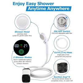 innhom Portable Camping Shower, 6000mAh Rechargeable Camp Shower Pump with LED Display, 2 Mode Electric Portable Shower for Camping, Hiking, Travelling, Washing