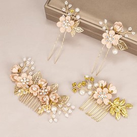 Floral Hair Comb Set for Women - 4PCS Bridesmaid Hair Accessories with Pink Flower Hairs Pins, Victorian Hair Clips for Wedding, Prom, Mother of Bride, Flower Girl (Rose Gold, Fake Flowers)
