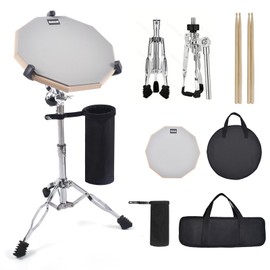 Seteol Drum Practice Pad Set, 12 Inch Double Sided Silent Drum Pad with Storage Bag + Adjustable Snare Drum Stand with Carry Bag + 2 Pair Drum Sticks with Drumstick Holder, Fits 10"-14" Drums (Grey)