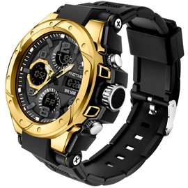 Men's Military Digital Sports Watch Large Display 5ATM Waterproof with Alarm Clock Calendar Stopwatch Chronograph, gold, Military