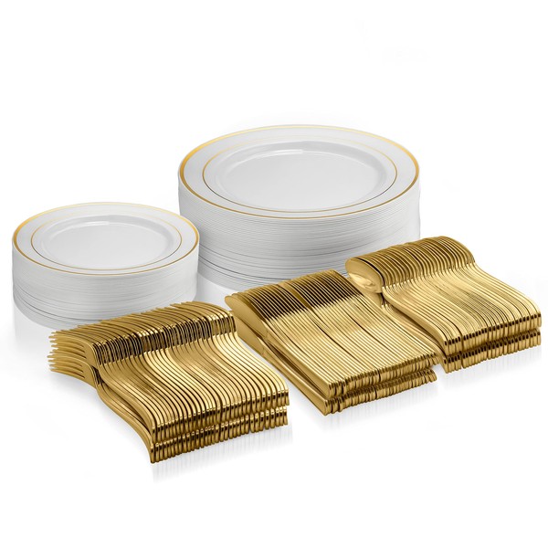 125 Piece Gold Dinnerware Party Set - 50 Gold Rim Plastic Plates, 25 Dinner 25 Dessert Plates, 75 Gold Silverware, 25 Knives, 25 Forks, 25 Spoons - 25 Guest Disposable Set for Wedding Birthday Parties