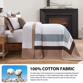 DDUOXIN Oversized King Bedspread - 120W x120L Extra Wide - 100% Cotton California Quilt with 2 Pillow Shams, Lightweight Reversible Bedspreads Coverlet Bedding Set, Brown/Greyish Blue/White