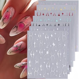 French Nail Stickers for Nail Art French Line Nail Decals 3D Self-Adhesive French Style Nail Design Sticker Pink Black Red Gold Laser Silver French Line Stickers for Daily Nail Art DIY Decoration 6Pcs