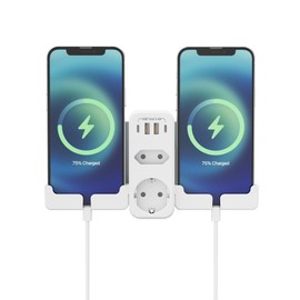 Steckdosenleiste mit 2 Steckdosen (16 A, 4000 W), mit 4 USB 2 USB C, 6 in 1 Steckdosenleiste, Französische Mehrfachsteckdose mit USB-Buchse, zwei Seiten mit abnehmbarer Telefonhalterung, kompatibel