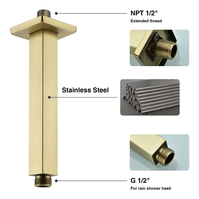 Brushed Gold Shower Arm with Flange 6 Inch Straight Stainless
