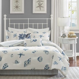 Harbor House Cozy Cotton Comforter Set - Coastal, All Season Down Alternative Casual Bedding with Matching Shams, Decorative Pillows, Beach House, Reversible Seashell Blue Twin(72"x90") 3 Piece