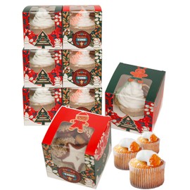 qiqee Christmas Cupcake Boxes Individual 100pcs Auto-Popup 3.5" x 3.5" x 3.5" Single Cupcake Container for Christmas(100 Boxes+100 Inserts)