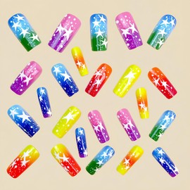 Rainbow Colors Press on Nails Medium Ballet Shaped False Nails Colorful Pattern Design Square Nails Stars Wave Points Fake Nails Coffin Nails Glossy Glue on Nails Acrylic Nails for Women 24Pcs