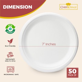 CHEF ROYALE 50 Pack of 7-Inch/17cm Bagasse Plates - White Party Plates 100% Compostable and Biodegradable Disposable Plates for Parties, BBQs, Picnics (50)