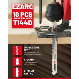 EZARC 10-Piece Jigsaw Blades T144D for Fast Wood Cutting, 6TPI T-Shank Jigsaw Blade Set Made of CRV, Curved and Wavy Cutting