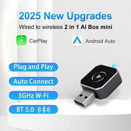 KINGFOXAM Wireless CarPlay & Android Auto Adapter, Plug & Play 2-in-1 Conversion for Wired Apple CarPlay Cars, USB/USB-C Compatible, Works with iPhone iOS 10+ & Android 11+ Smartphones