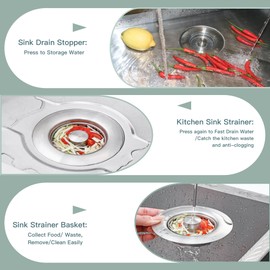 Kitchen Sink Drain Strainer 3 in 1, 304 Stainless Steel Pop Up Sink Stopper, Anti-Clogging Sink Stopper Kitchen Drain, Kitchen Drain Catcher, Kitchen Sink Caddy, Kitchen Drain Filter for US Standard