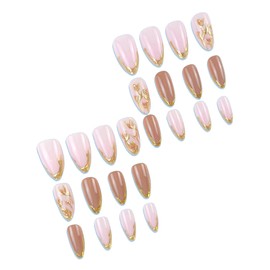 MERVF Almond Press on Nails Medium Fake Nail 3D Gold French Tip Glue ons Flower Design Stiletto Acrylic Luxury Manicure Glossy 24pcs