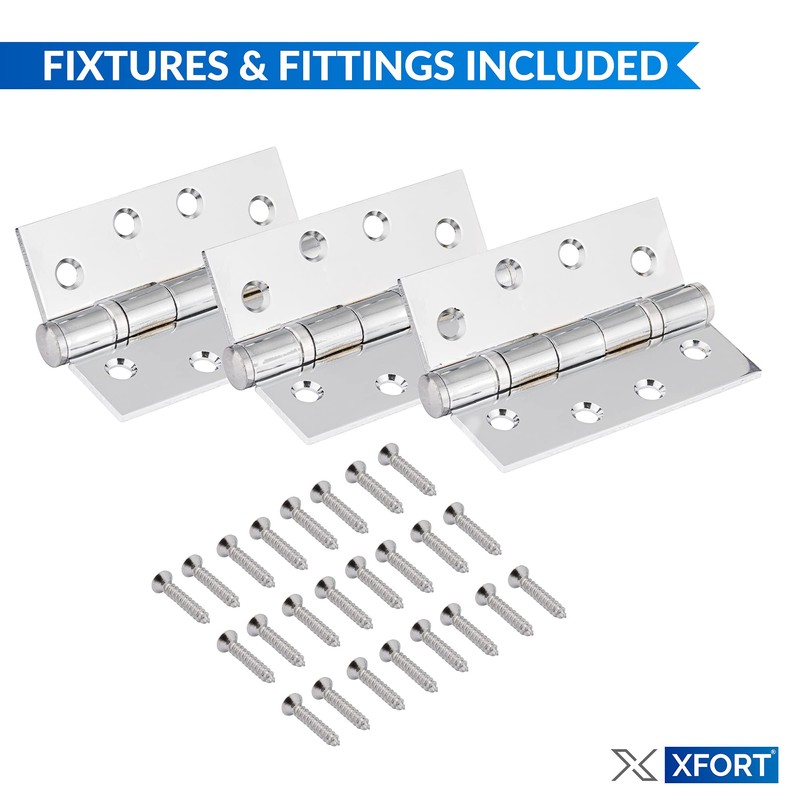 XFORT 4 inch (100mm) Polished Chrome Ball Bearing Hinges, Steel