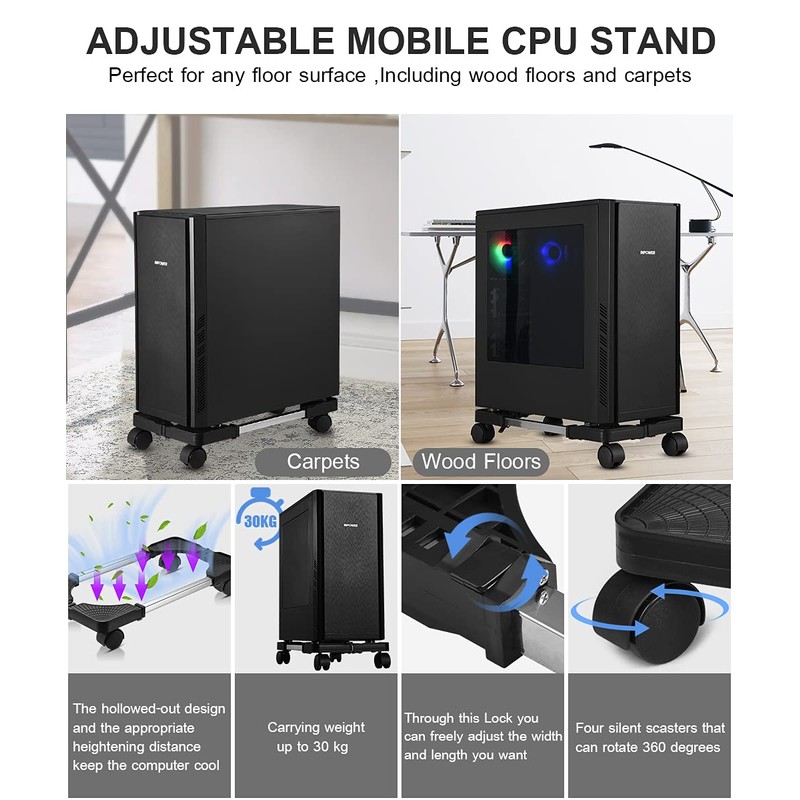 YOSE Computer Tower Stand, Adjustable Mobile CPU Stand with Rolling