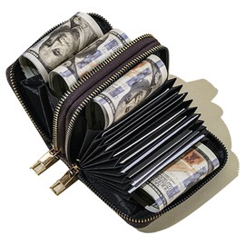 Veki Women's Credit Card Holder, RFID Leather Zipper Wallet, Small Zipper Card Case for Men and Women (Double Layer-Brown)