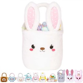 Bunny Easter Basket for Kids, Cute Plush Empty Bucket with Foldable Ears and Handle Egg Hunt Tote Candy Bag Basket for Boy Girl Teens Gift, Easter Basket Decor White 9×9 Inch