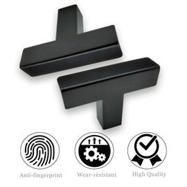 Redunest Hardware Handle, 2 Pack Square T-Shaped Cabinet Pulls, Matte Black, Stainless Steel, 1.9 inches, Cupboard Cabinets Drawer Knobs