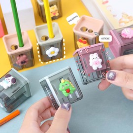 2pcs Creative Cute Cartoon Double Hole Pencil Sharpener, Student Hand Pencil Sharpener, Green Dinosaur + White Rabbit