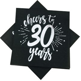 CHANGCAO80PiecesBlackandSilver30th Birthday Dinner Celebration Party Decorative Napkin 30th Birthday Decorative Men's and Women's Party Supplies Cocktail Napkins in a black, Cheers to 30 Years