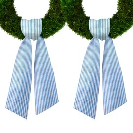 2 Pieces Wreath Sash for Front Door, Blue White Seersucker Wreath Sash Blue Buffalo Plaid Wreath Accessories Holiday Sash for Wreath Wedding Birthday Decorations