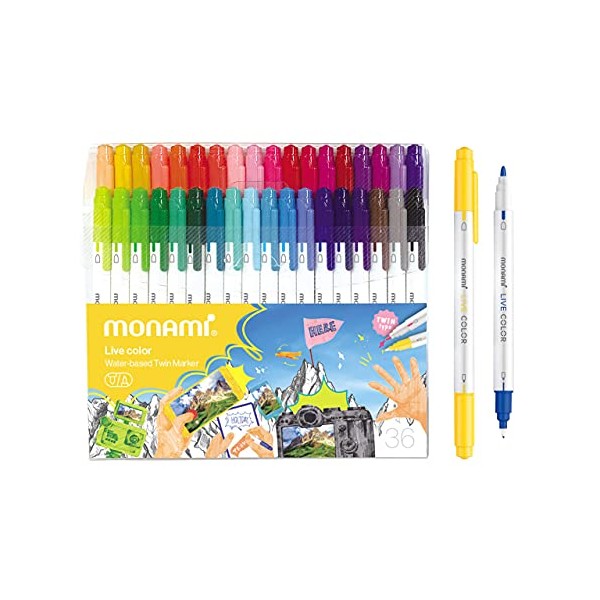 MONAMI LIVE COLOR Water-Based Twin Marker, Fine & Bullet Dual Tip Marker for Coloring /Drawing/Lettering/Decorating/ Writing on notebooks and planners, New White Body Design 36C-Pack