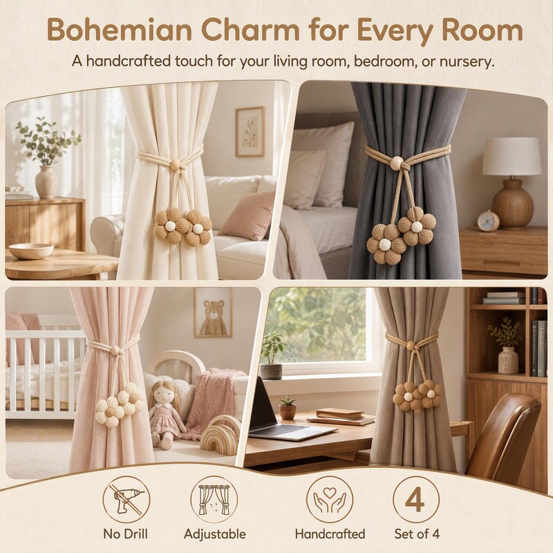 VLUNT 4 Pack Wooden Floral Beaded Curtain Tie Backs Rope
