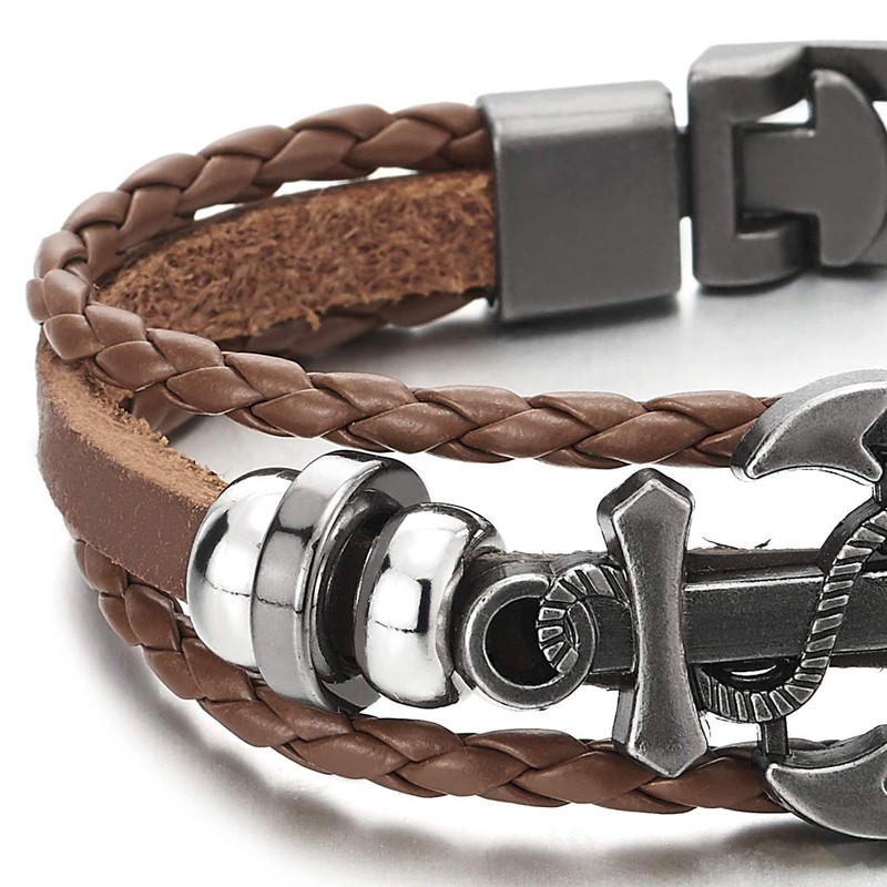 COOLSTEELANDBEYOND Mens Women Marine Anchor Brown Braided Leather Bracelet Three-Row