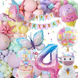 4th Birthday Decorations Girls, Unicorn Butterfly Foil Balloons, Pastel Balloons, Happy Birthday Banner, Party Supplies for Kids Children Birthdays