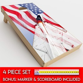 Skin Decals Vinyl Wrap for Cornhole Game Board Bag Toss (4 pcs.) Includes Dry Erase Marker and Scoreboard | Jet with US Flag