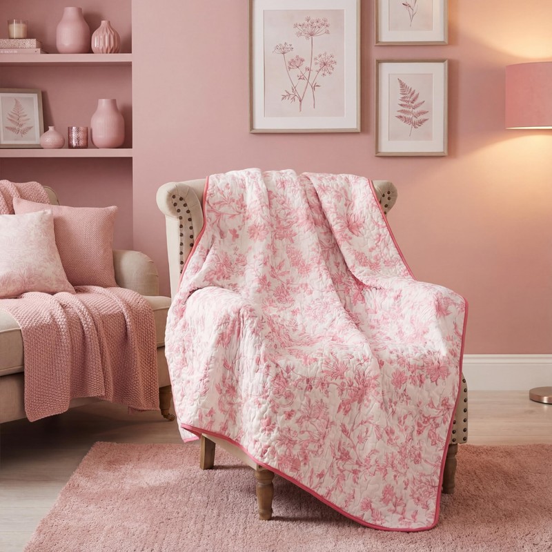 Breling Pink Floral Quilted Throw Blanket 50 x 60 Inch