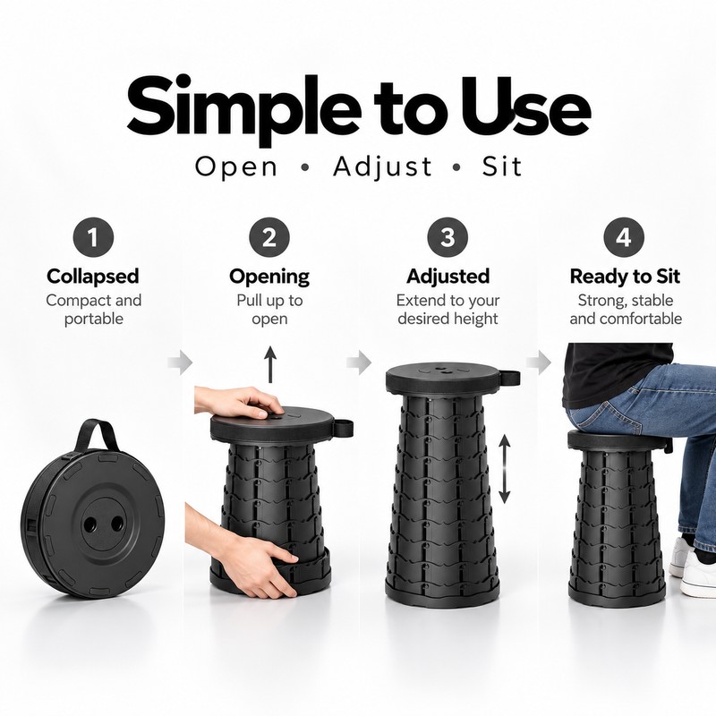 Collapsible Camping Stool for Hiking & Commuting – Adjustable Height